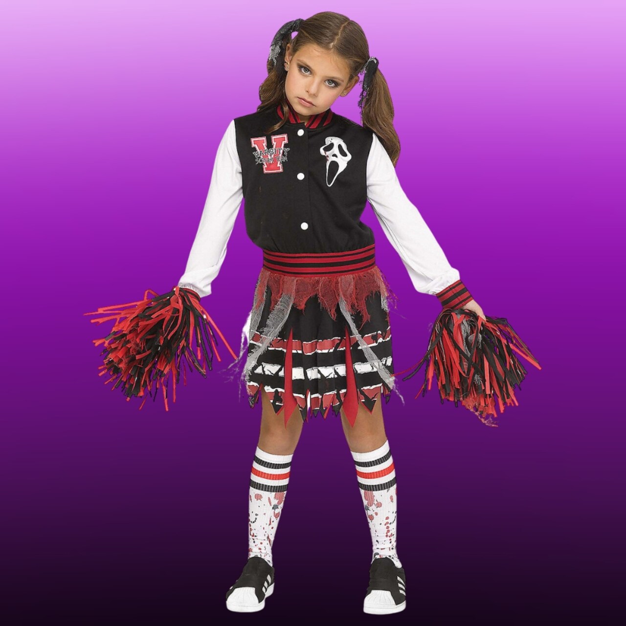 Kids Cheerleader Halloween Costume with Varsity Dress, Pom Poms, Socks & Ghost Face Accessory